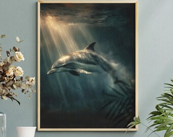 Póster de delfines bajo el agua, escena oceánica iluminada por el sol, estilo de pintura al óleo con atmósfera melancólica, arte de la vida marina.