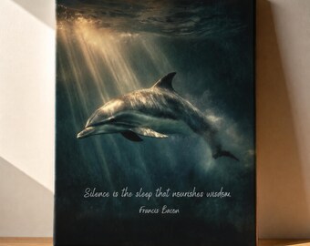 Lienzo con estampado de delfines, escena submarina iluminada por el sol, pintura oceánica melancólica, cita sobre el silencio y la sabiduría.