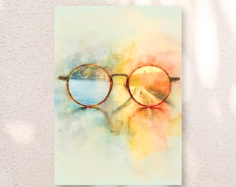 Lienzo impreso con arte surrealista en acuarela, paisaje simbólico, perspectiva a través de gafas, mundos contrastantes.
