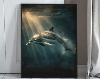 Descarga digital de delfines, escena submarina iluminada por el sol, pintura oceánica melancólica, vida marina