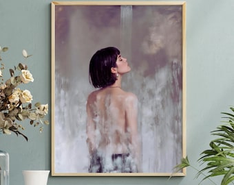 Mujer de espaldas (para imprimir), arte figurativo contemporáneo, estilo pintura al óleo, descarga digital.