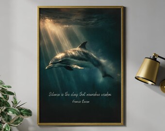 Póster de delfines bajo el agua, escena oceánica iluminada por el sol, estilo de pintura al óleo melancólico, cita sobre el silencio y la sabiduría.