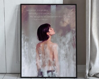 Póster enmarcado con cita de Virginia Woolf, Mujer de espaldas, estilo pintura al óleo, marco de madera negra.