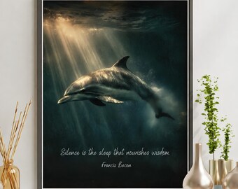 Descarga digital de delfines, escena submarina iluminada por el sol, pintura oceánica melancólica, cita sobre el silencio y la sabiduría.