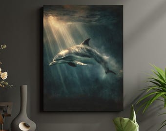 Lienzo con estampado de delfines, escena submarina iluminada por el sol, pintura oceánica con ambiente melancólico, arte de la vida marina.