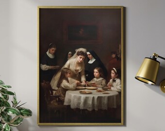 Cartel de mujer victoriana, noble sirviendo a niños, pintura al óleo clásica, alegoría moral.
