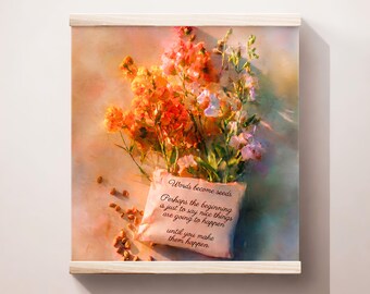 Póster de ramo de flores, naturaleza muerta floral cálida, arte impresionista suave, cita de afirmación positiva