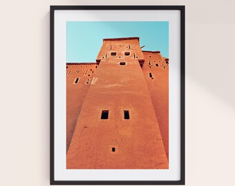 Grafika z marokańską architekturą | Ściana z terakoty w kasbie | Sztuka do salonu