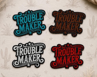 Trouble Maker Patch, Glitter Embroidered Western Iron-On Applique, Rodeo Cowgirl Hat Detail