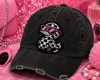 Checkered Duck Patch, Pink Sunglasses, Embroidered Iron-On Applique (3 Inch)