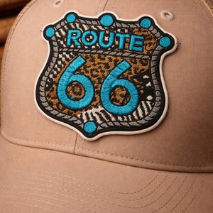Route 66 Leopard Print Patch, Turquoise Embroidered Iron-On Badge