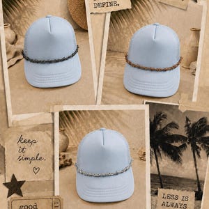 May include: Three light blue trucker hats with mesh backs, each featuring a decorative barbed wire trim across the front. One hat has a black wire, one has a copper-colored wire, and one has a silver-colored wire trim.