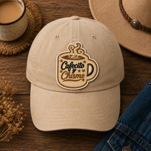 May include: A tan baseball cap with a patch featuring a coffee mug design. The patch has the words "Cafecito y Chisme" in black and brown, with star accents. The cap is made of a soft fabric and has a curved brim.