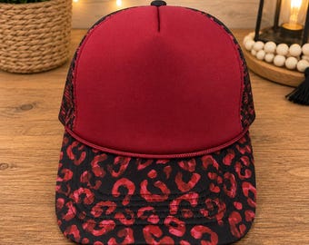 Red Leopard Print Mesh Trucker Hat