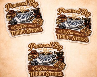 Embroidered Coffee Thrift Stores Patch, Vintage Iron On Applique, Retro Thrifting Gift