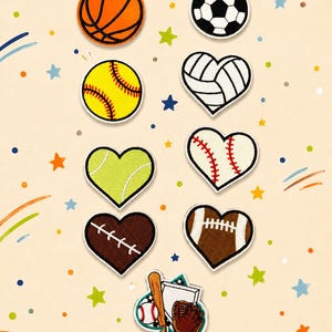 May include: A collection of embroidered patches featuring sports themes, including a basketball, soccer ball, softball, and heart-shaped designs patterned like volleyballs, baseballs, tennis balls, and footballs, plus a baseball equipment patch.