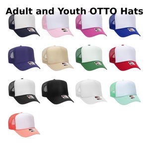 May include: A collection of adult and youth Otto hats in various colors, including navy, pink, black, and white. Each hat features a mesh back and a curved brim. The text "Adult and Youth OTTO Hats" is at the top.