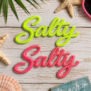 May include: Two "Salty" signs in neon green and pink, with a beach theme. The signs are on a weathered wood background, with a starfish, sunglasses, and a "Beach Vibes" sign.
