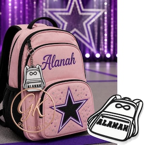 May include: Pink backpack with black accents, a large star design, and the name "Alanah" embroidered in purple. Includes a matching backpack keychain. The backpack has a mesh side pocket and a top handle.
