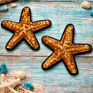 Sequin Starfish Patch, 4 Inch Embroidered Iron-On, Beach Coastal Summer Hat Applique