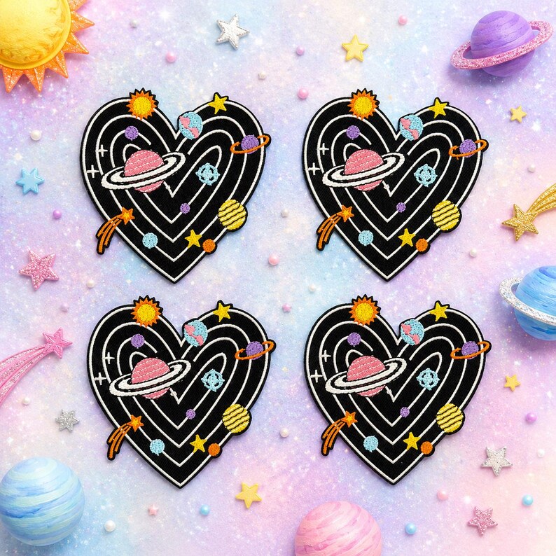 May include: Four identical heart-shaped patches featuring a black background with white concentric heart-shaped lines. Each patch displays embroidered celestial elements including a pink planet with rings, a yellow sun, a yellow striped planet, and stars.