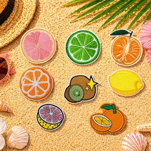 May include: A collection of embroidered fruit patches, including a grapefruit, lime, orange, kiwi, lemon, and tangerine. The patches are arranged on a sandy surface with a straw hat, sunglasses, seashells, and a pink hibiscus flower.