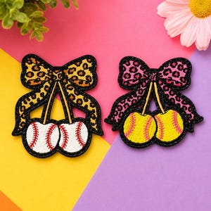 Leopard Bow Baseball & Softball Cherry Iron On Patch