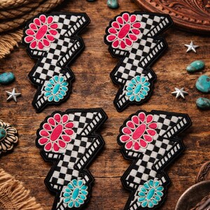 Embroidered Lightning Bolt Patch, Checkered Boho Western Style, Iron-On Application