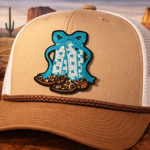 Embroidered Cowgirl Boots Patch with Turquoise Bows, Leopard Print Western Style (3 Inches)