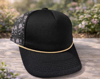 Skull Trucker Hat, Black Mesh Hat, Edgy Snapback Hat, Gothic Style Hat, Trendy Baseball Cap, Neutral Streetwear Hat, Unisex Hat
