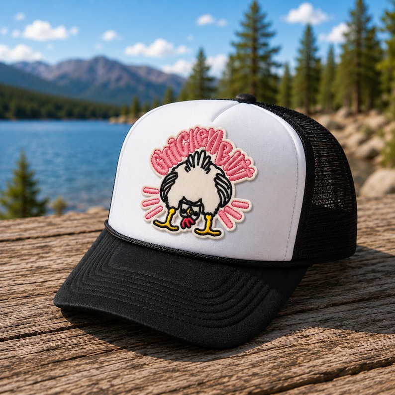 May include: A white and black trucker hat featuring an embroidered patch on the front panel. The patch displays a cartoon chicken with its head down and the pink text "ChickenButt" arched above it, accented by small pink dash marks.