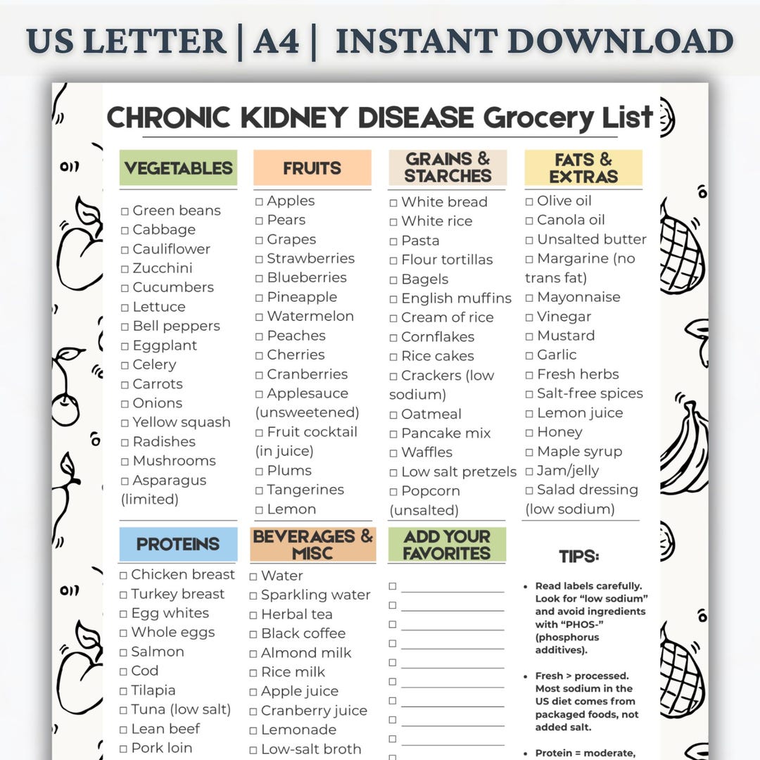 Kidney Disease Food List Printable PDF, Renal Diet Grocery List, Low ...