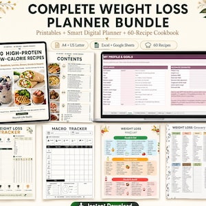 Weight Loss Meal Planner Spreadsheet, Excel & Google Sheets, Calorie Tracker, Healthy Cookbook
