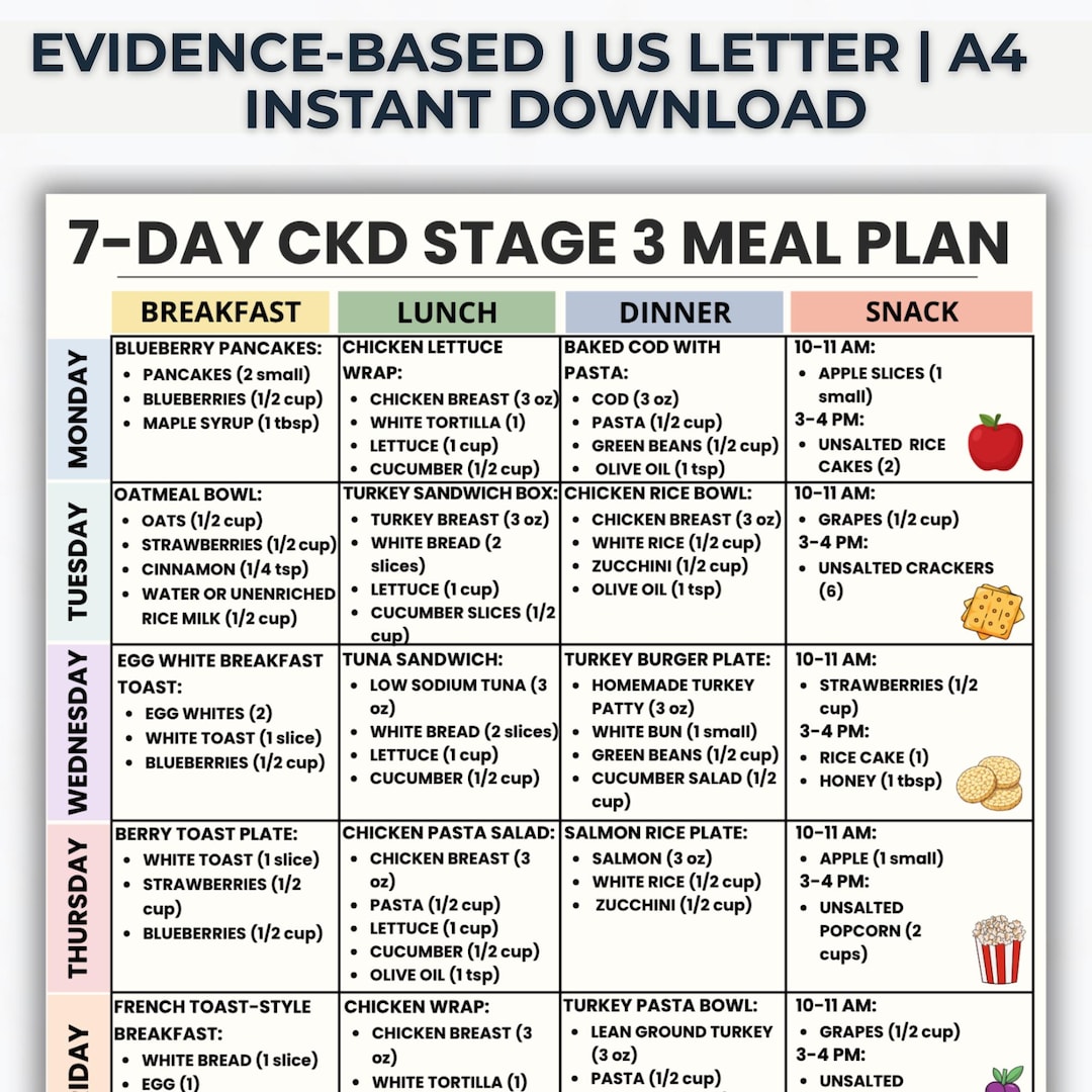 7 Day CKD Stage 3 Meal Plan Printable, Kidney Diet Menu, Stage 3 Kidney ...