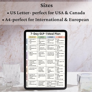 May include: A digital tablet displays a 7-Day GLP-1 Meal Plan, with sections for breakfast, lunch, dinner, and snacks. The plan includes various food items and portion sizes. The text at the top indicates the plan is available in US Letter and A4 sizes.