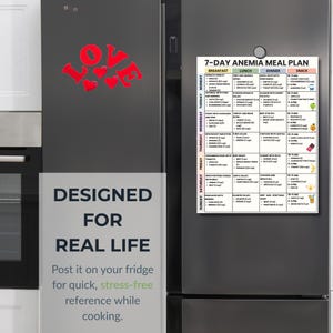 May include: A refrigerator with a red "LOVE" magnet and a 7-day anemia meal plan. The meal plan includes breakfast, lunch, dinner, and snack options. Text on the fridge reads "DESIGNED FOR REAL LIFE" and "Post it on your fridge for quick, stress-free reference while cooking."