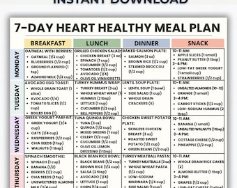 7-Day Heart Healthy Meal Plan Printable | Low Cholesterol Cardiac Diet PDF | Easy Heart Diet Meals, Grocery List & Food Chart