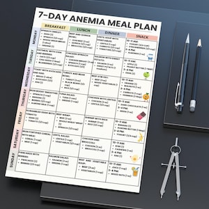 May include: A 7-Day Anemia Meal Plan, featuring daily breakfast, lunch, dinner, and snack suggestions. The plan includes recipes with spinach, eggs, salmon, beef, and various fruits and vegetables. A pencil, pen, and compass are on the side.