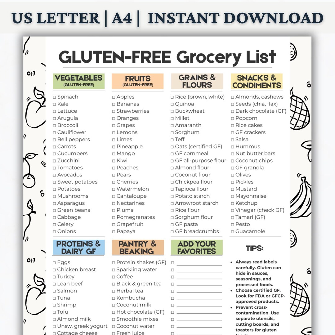 Gluten Free Grocery List Printable PDF, Celiac Food Shopping List ...