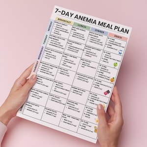 May include: A 7-day anemia meal plan printed on a white sheet of paper. The plan is divided into breakfast, lunch, dinner, and snack sections, with specific food items listed for each day of the week. The paper is held by a person.