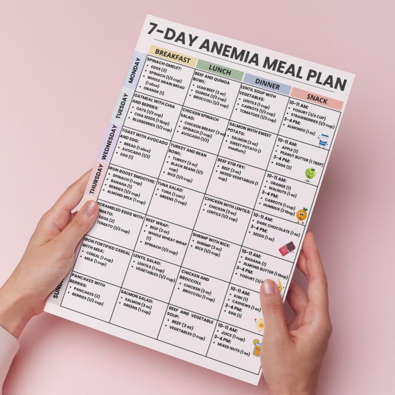 May include: A 7-day anemia meal plan printed on a white sheet of paper. The plan is divided into breakfast, lunch, dinner, and snack sections, with specific food items listed for each day of the week. The paper is held by a person.