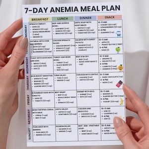 May include: A 7-day anemia meal plan, featuring breakfast, lunch, dinner, and snack options. The plan includes meals like spinach omelets, beef and quinoa bowls, lentil soup, and various snacks. The plan is color-coded and organized by day.