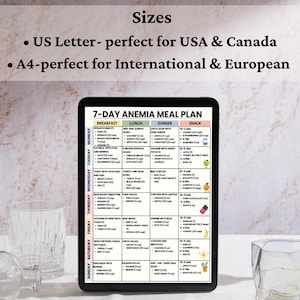 May include: A digital tablet displays a 7-day anemia meal plan with breakfast, lunch, dinner, and snack options. The plan includes various food items like spinach omelets, salmon, and vegetables. The text at the top says "Sizes" and "US Letter- perfect for USA & Canada".