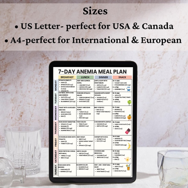 May include: A digital tablet displays a 7-day anemia meal plan with breakfast, lunch, dinner, and snack options. The plan includes various food items like spinach omelets, salmon, and vegetables. The text at the top says "Sizes" and "US Letter- perfect for USA & Canada".