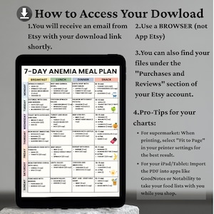 May include: A digital 7-Day Anemia Meal Plan displayed on a tablet. The plan is organized by day and meal, with options for breakfast, lunch, dinner, and snacks. Includes tips for printing and using the plan.
