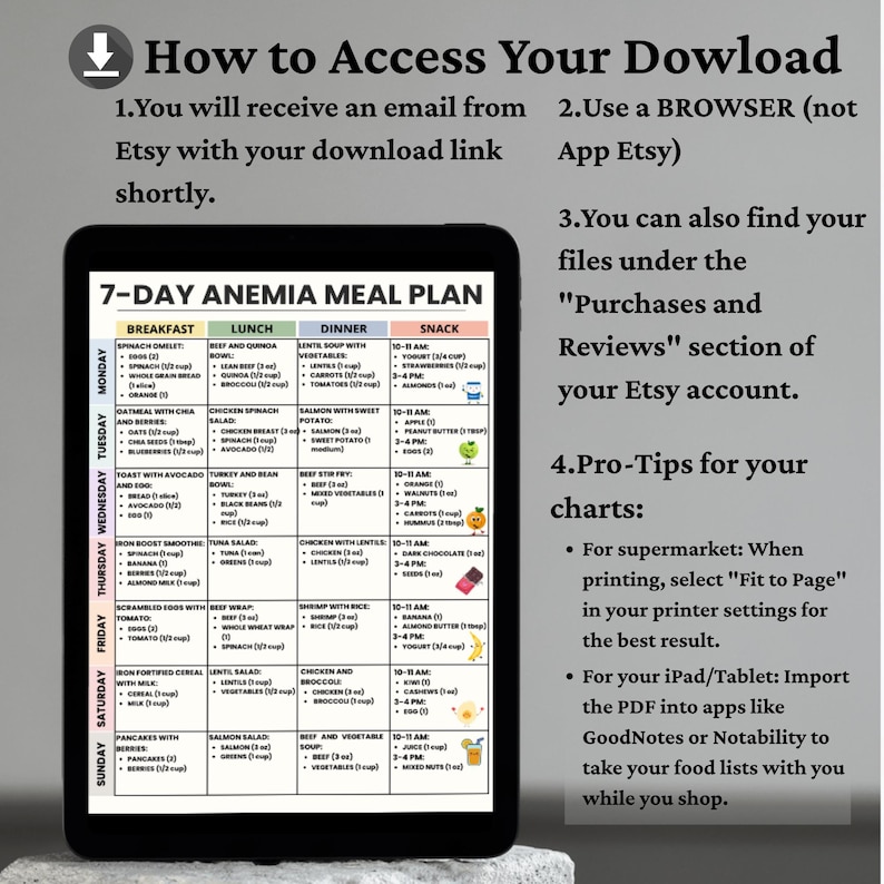 May include: A digital 7-Day Anemia Meal Plan displayed on a tablet. The plan is organized by day and meal, with options for breakfast, lunch, dinner, and snacks. Includes tips for printing and using the plan.
