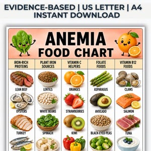 Könnte beinhalten: Eine lehrreiche Übersicht mit dem Titel ANEMIA FOOD CHART, die Lebensmittel nach ihrem Nährstoffgehalt in Kategorien wie eisenreiche Proteine, pflanzliche Eisenquellen, Vitamin C, Folsäure und Vitamin B12 unterteilt darstellt.