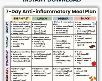 Anti Inflammatory Meal Plan 7 Day, Inflammation Diet PDF, Weekly Healthy Meal Prep Plan, Easy Recipes, Printable Diet Guide