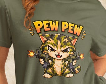 Pew Pew Camo Cat Shirt Tactical Armed Feline Military Style Graphic Tee Gift