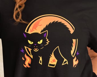 Black Cat Halloween T-Shirt | Orange Full Moon Graphic Gift for Cat Lovers